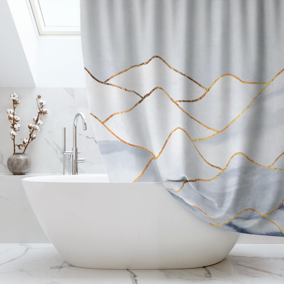 DUSCHVORHANG Aquarell Berge Weiß Gold 180/180 cm - Weiß, Textil (180/180cm) - Bilderwelten