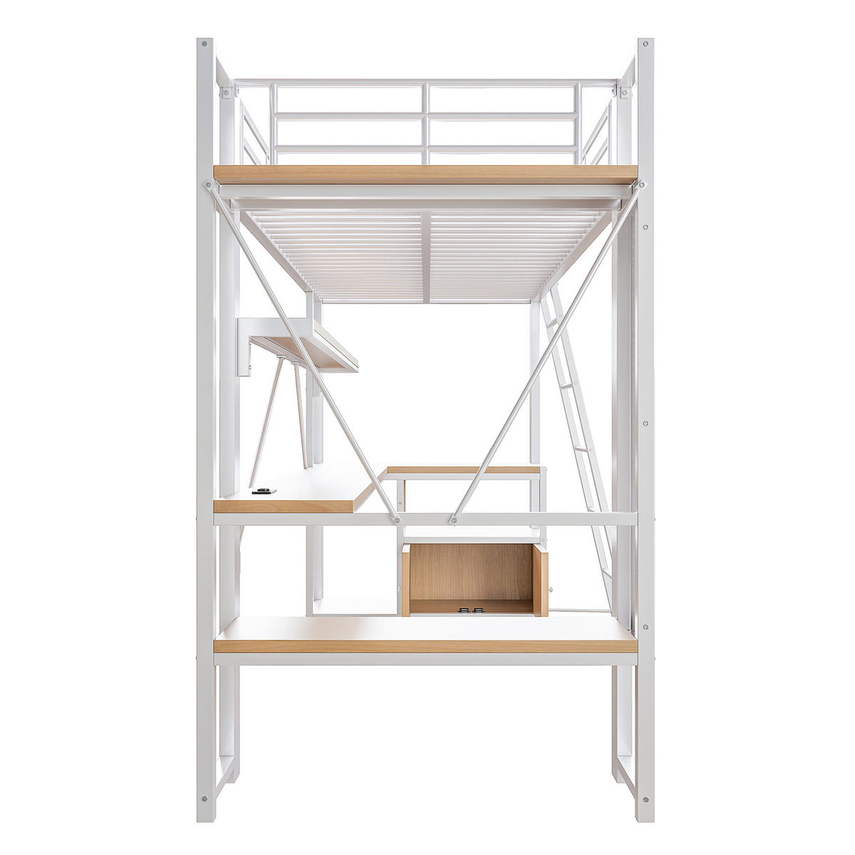 HOCHBETT mit Schreibtisch und Stauraum 90x200 cm Metall/MDF Weiß - Weiß, Metall (90/200cm) - Meubliv