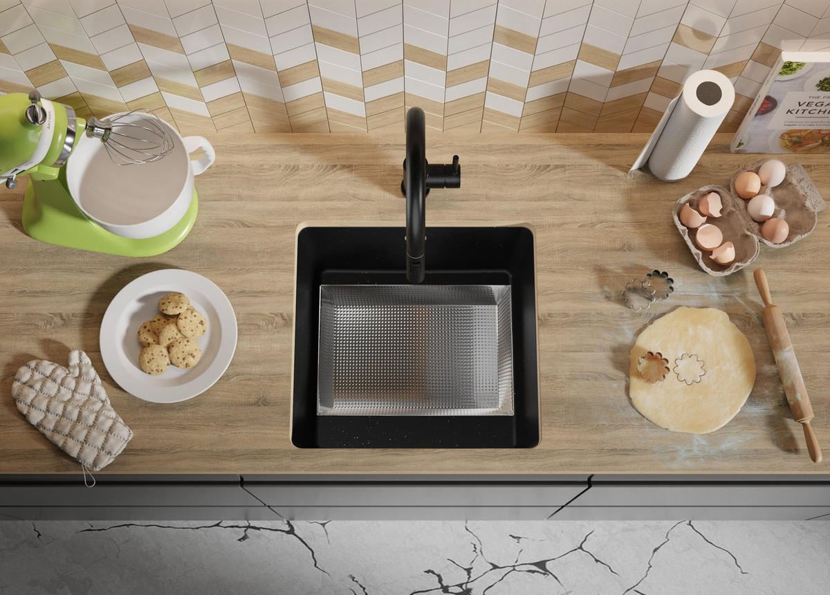 UNTERBAUSPÜLE GRANIT Venedig Easy, 2-er set Schwarz Metallic 46/44 cm 1 Becken + Ablauf-Set ab 50er Unterschrank - Chromfarben/Schwarz Hochglanz, Kunststoff (46/20/44cm) - Primagran