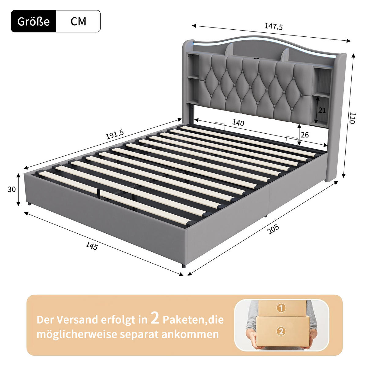 POLSTERBETT 140x190 cm mit Bettkasten, LED & USB, Doppelbett mit Kopfteil Stauraum und kabellosem Laden, Grau - Grau, Metall (140/190cm) - EuroLiving