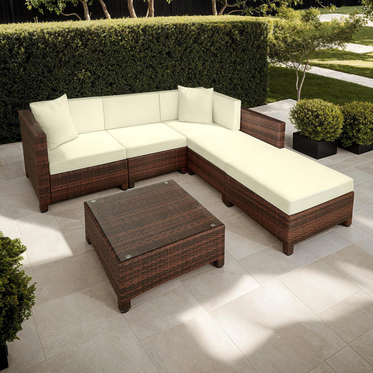 RATTANLOUNGE ,mit Sicherheitsglasplatte,schwarz/braun - Schwarz/Braun, Kunststoff - tectake