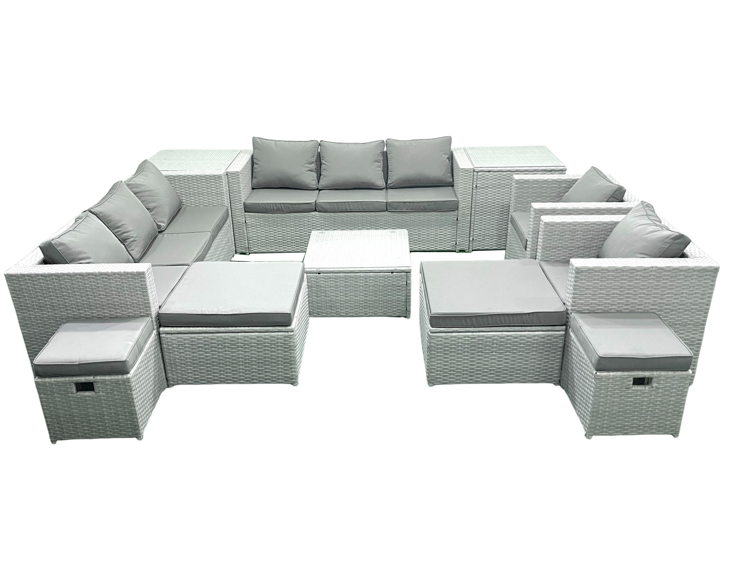 GARTENMÖBELSET mit 3-SITZER SOFA,COUCHTISCH Polyrattan Hellgrau-Mix 12-Sitzer - Hellgrau/Grau, Glas/Kunststoff - Fimous
