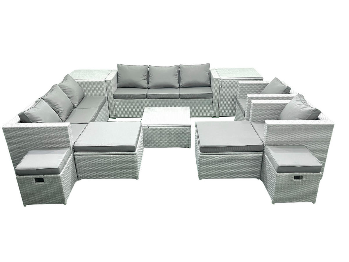 GARTENMÖBELSET mit 3-SITZER SOFA,COUCHTISCH Polyrattan Hellgrau-Mix 12-Sitzer - Hellgrau/Grau, Glas/Kunststoff - Fimous