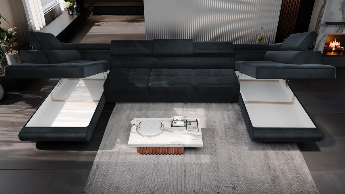 ECKSOFA U-Form WILD MAXI U2 mit Schlaffunktion 125x329 Velours Anthrazit - Chromfarben/Graphitfarben, Holz/Textil (400/90/203cm) - Muffo