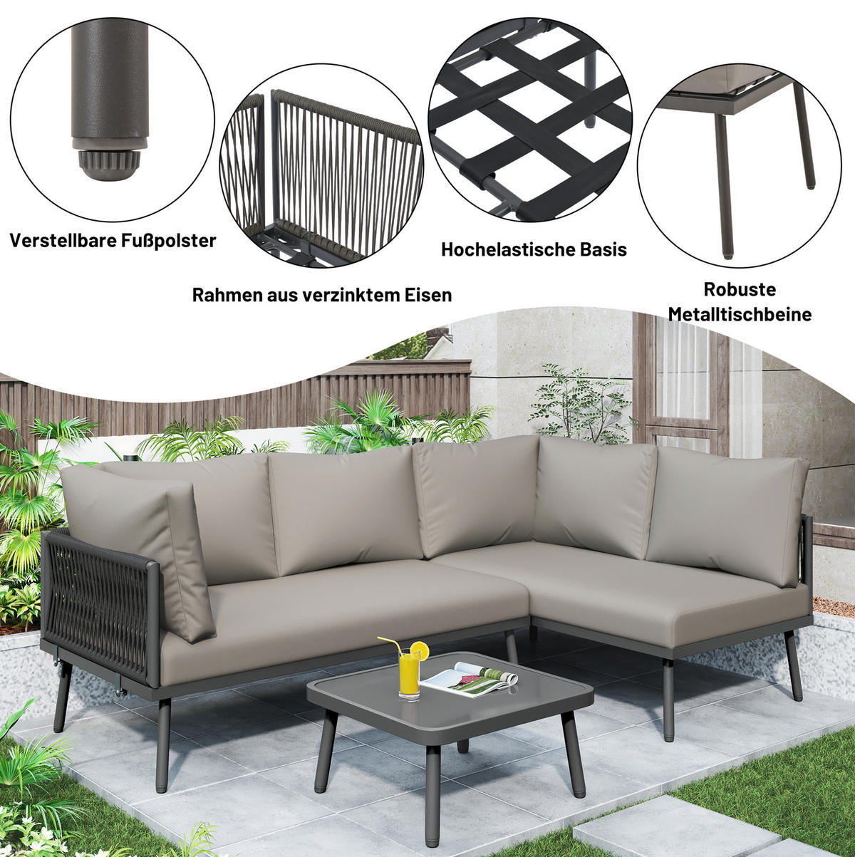 GARTEN-LOUNGESET 120/60/72 cm grau aus Eisen mit 4 Sofas und 2 Tischen - Grau, Metall - OKWISH