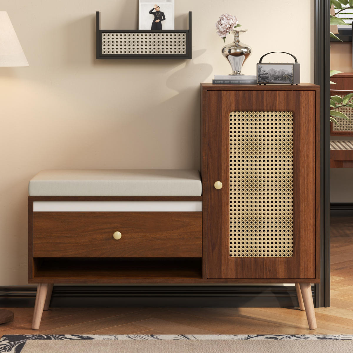 SCHUHSCHRANK Rattan Bank Schubladen Sitz - Nussbaumfarben, Holz (95.5/80.5/35cm) - LEBENLANG