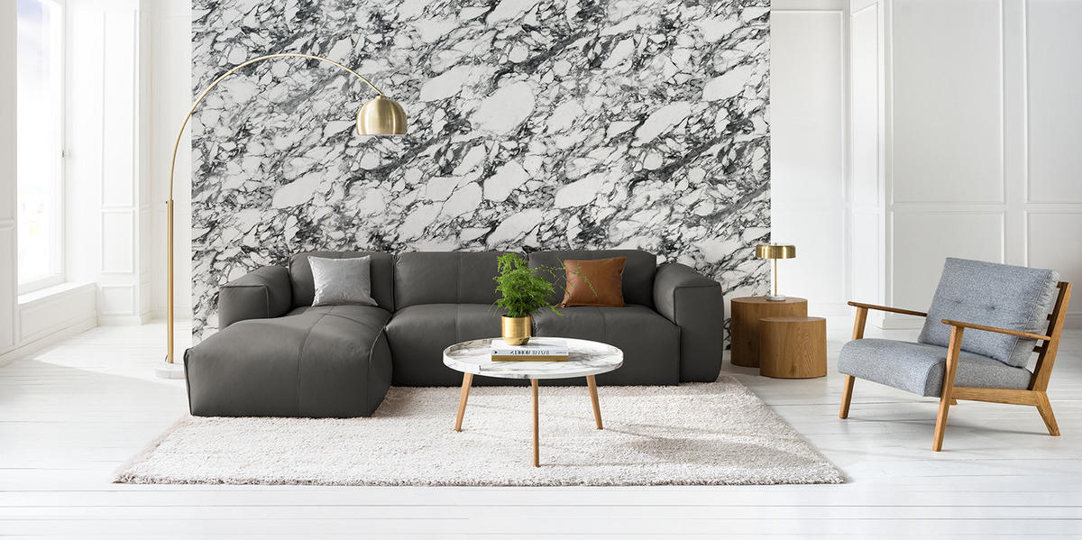 3-SITZER ECKSOFA mit Longchair - Schwarz/Grau, Leder/Kunststoff (284/173cm) - home24