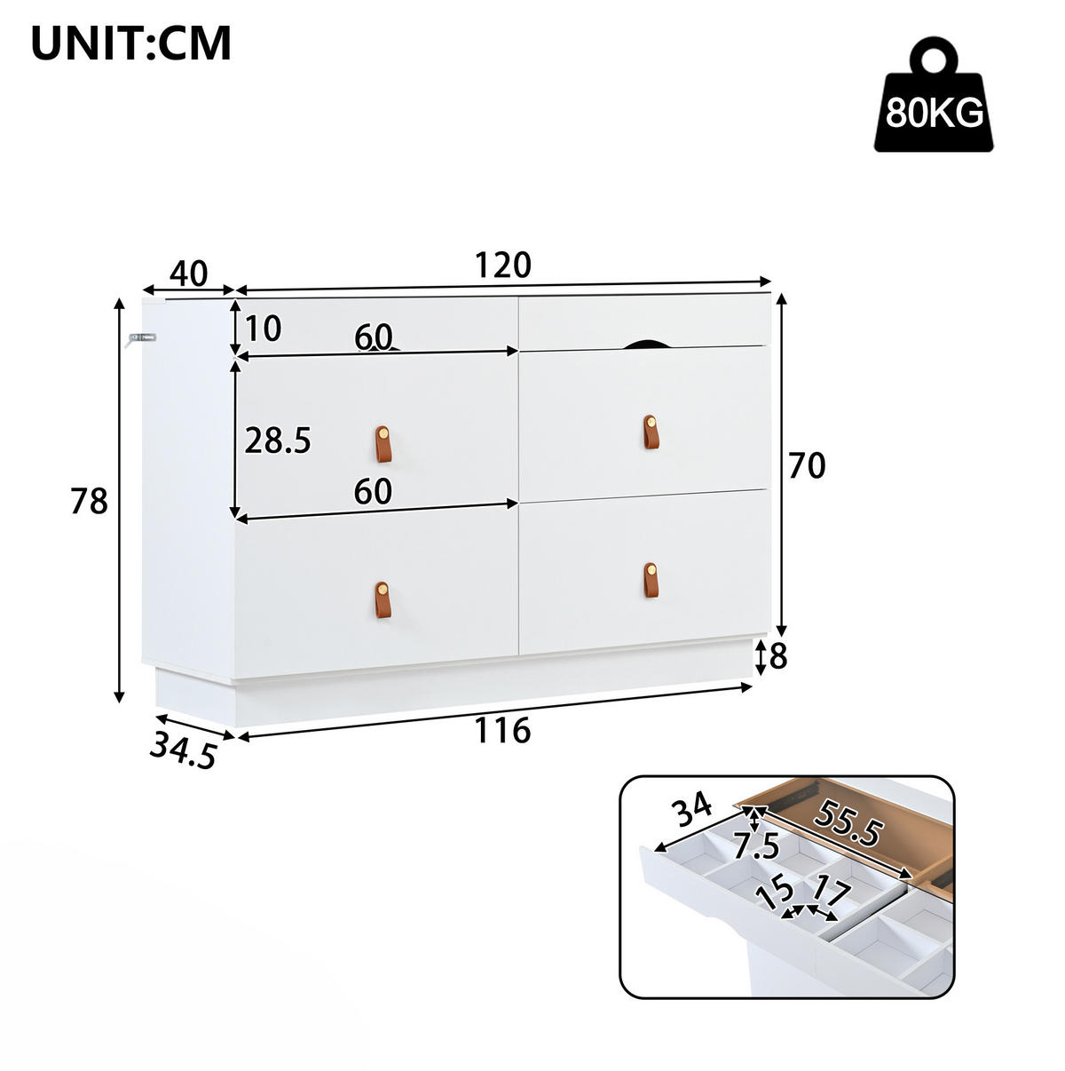 KOMMODE aus Spanplatte 120x40x78 cm Weiß mit 6 Schubladen und Glasplatte - Weiß, Glas (120/78/40cm) - IVMEU