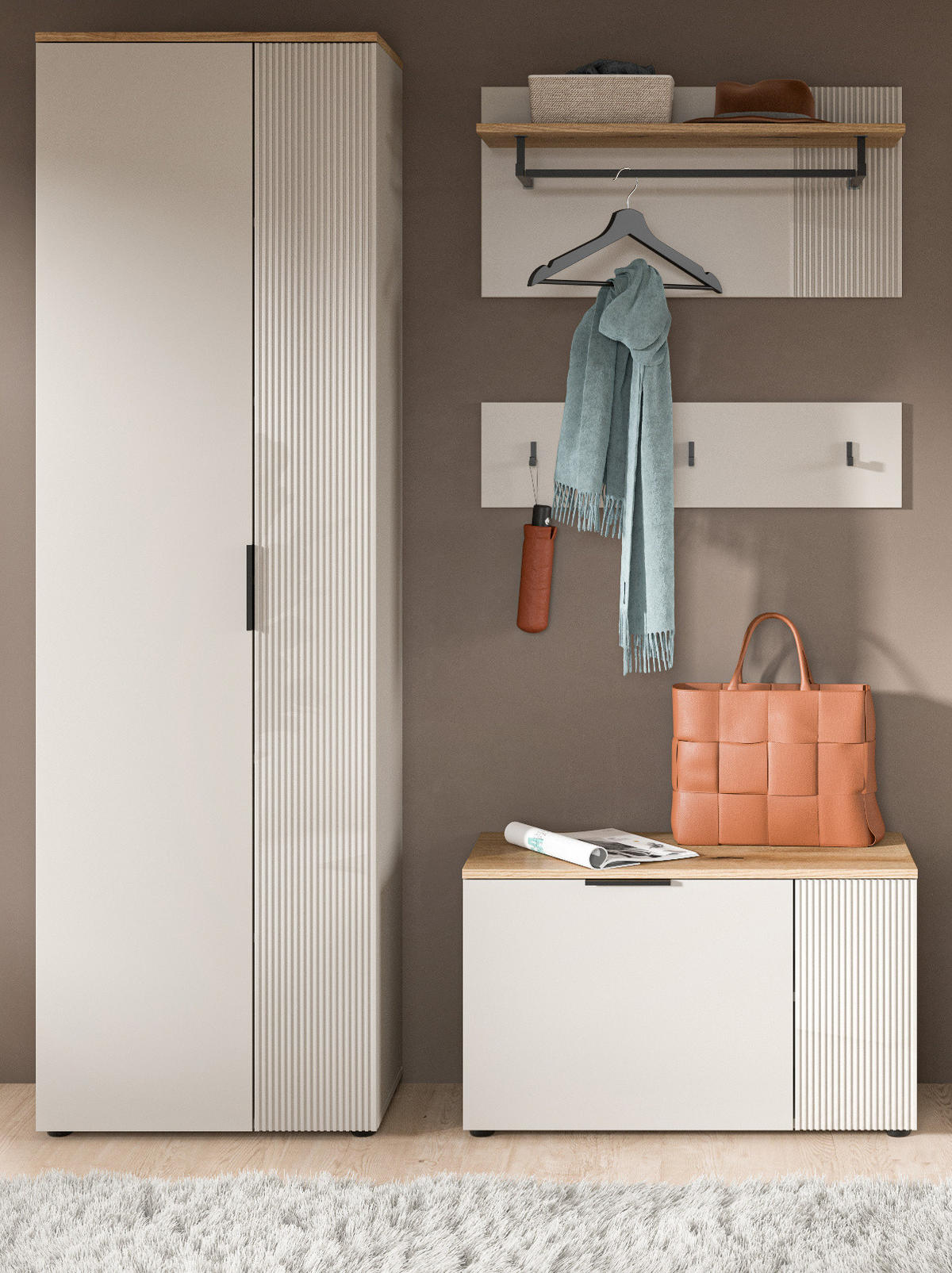 GARDEROBEN-SET 4-teilig Kaschmir Sand, Evoke Eiche, Flurmöbel 155 x 190 cm, Skid - Kaschmir/Eichefarben, Holzwerkstoff/Kunststoff (155/190/36cm) - Inn.Furn