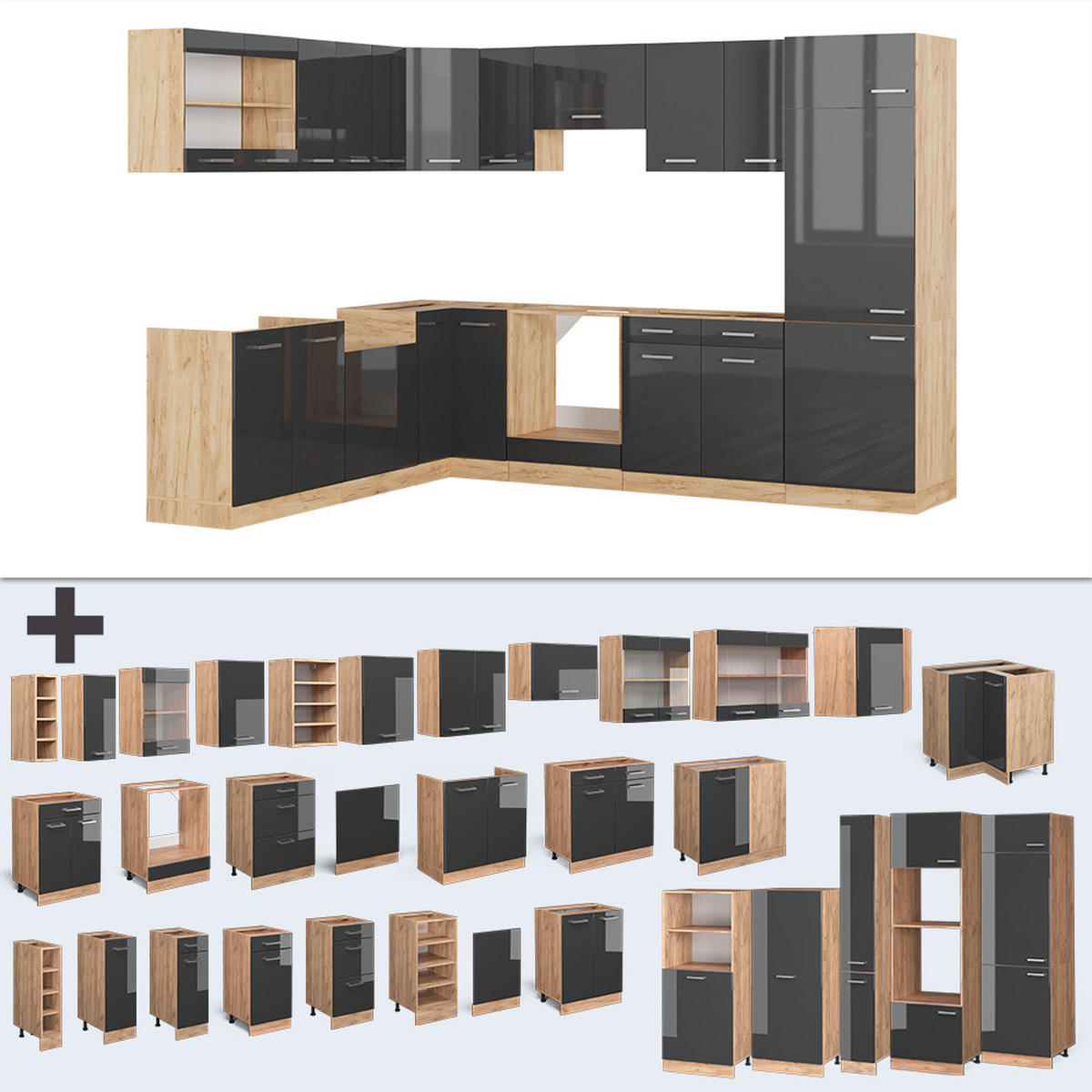 ECKKÜCHE R-Line Anthrazit Hochglanz/Goldkraft Eiche 227 x 287 cm ohne AP - Honigeiche/Anthrazit, Holzwerkstoff (287/81.6/46cm) - Vicco