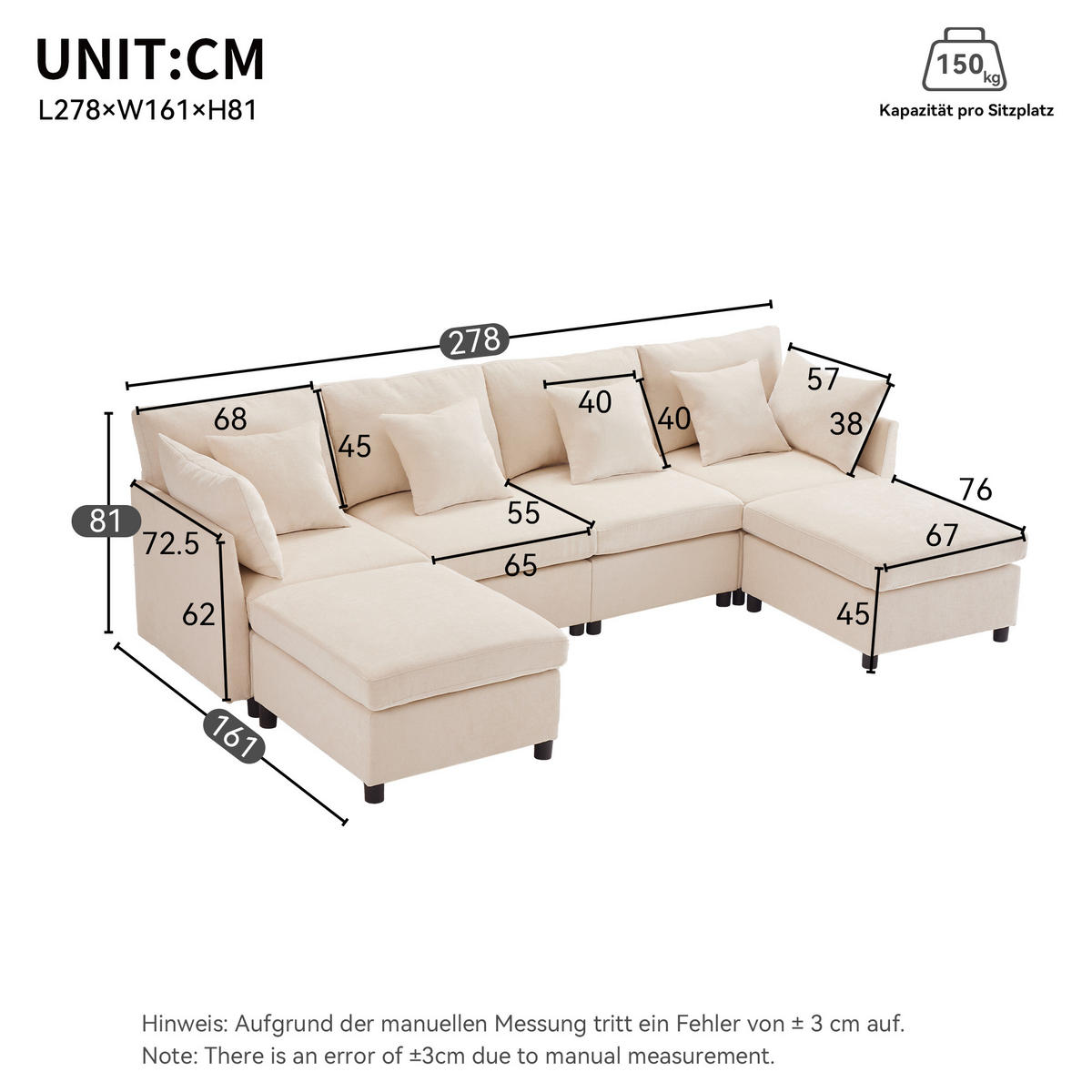 WOHNLANDSCHAFT 278/161/81 cm Beige mit 2 Fußhocker - Beige, Textil (278/81/161cm) - Oxeza