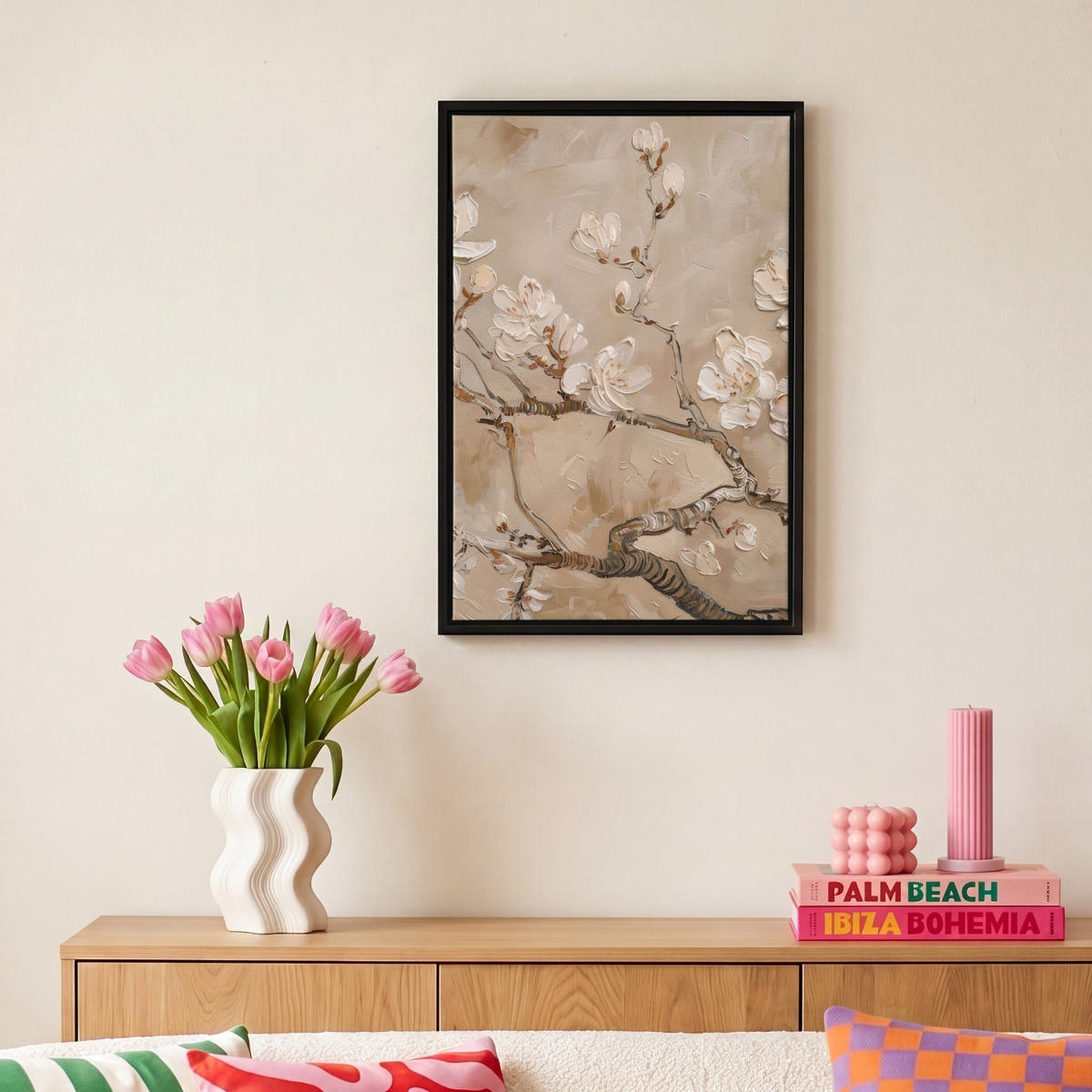 LEINWAND Bilder mit Rahmen - Blumen - Modern - Beige - Weiß - Blüte - 20x30 - Beige, Textil (20/30cm) - MuchoWow