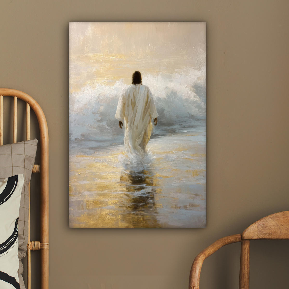 LEINWANDBILD Gemälde - Welle - Jesus - Abstrakt Wanddeko Schlafzimmer 60x90 cm - Goldfarben, Textil (60/90cm) - MuchoWow