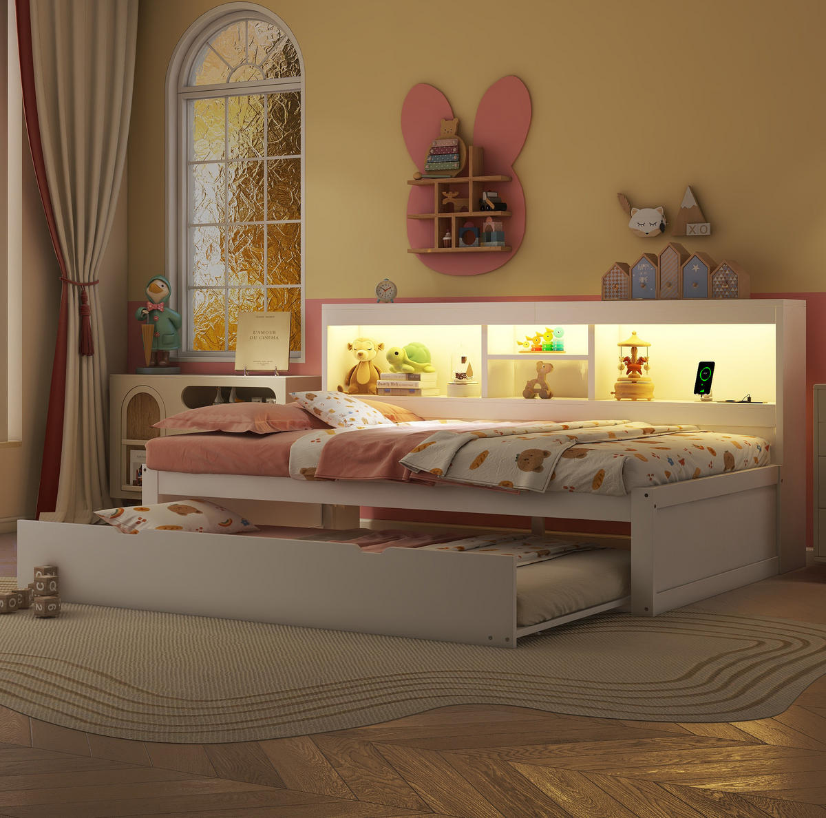 TAGESBETT 90/200 cm mit Ausziehbett, LED-Beleuchtung, USB und Stauraum aus Spanplatte und MDF, Weiß - Weiß, Holzwerkstoff (90/200cm) - Redom