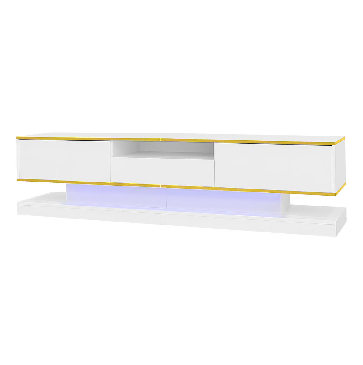 TV stolek z dřevotřísky 180x38x45 cm bílý se zlatými prvky, vysokým leskem, LED osvětlením a 3 zásuvkami - bílá, kompozitní dřevo (180/45/38cm) - Modfu