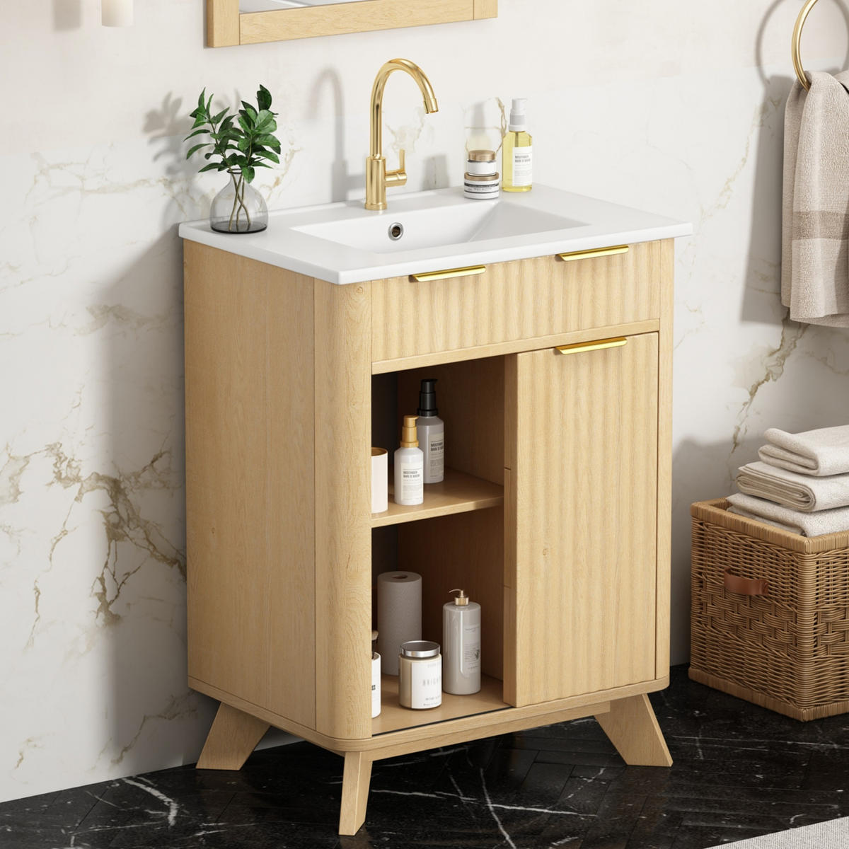 WASCHTISCHKOMBI 47/61/90 cm Naturholz mit 3 Schubladen und Schiebetür, ohne Wasserhahn - Naturfarben, Holz/Holzwerkstoff (47/90/61cm) - Oxeza