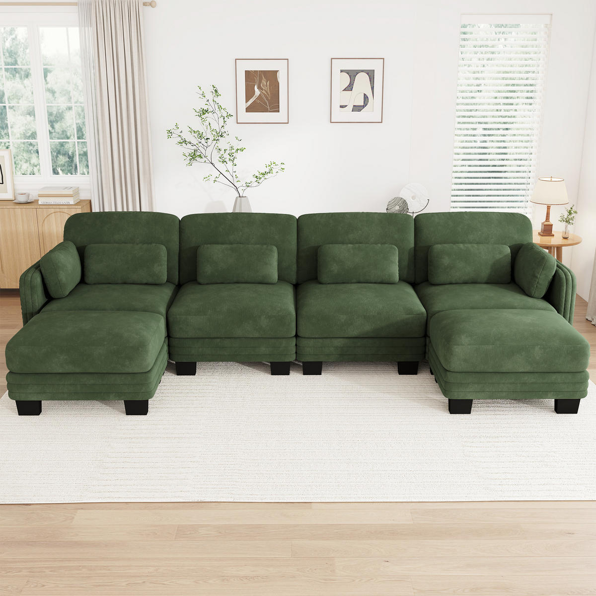 WOHNLANDSCHAFT 4-Sitzer U-Form mit 2 Ottomanen, DE-42686, Grün - Grün, Holz (330/88/143cm) - ComfortXL