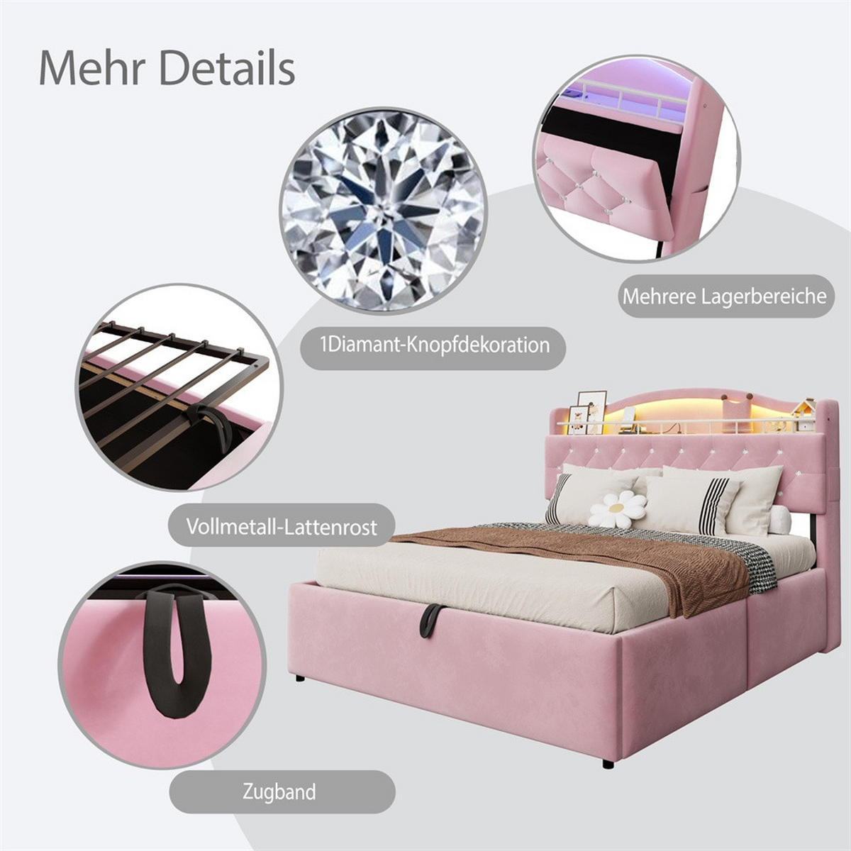 POLSTERBETT 140x200 cm mit hydraulischem Stauraum - LED Beleuchtung & Ladestation - Rosa - Ohne Matratze - Pink, Textil (140/200cm) - DELFA