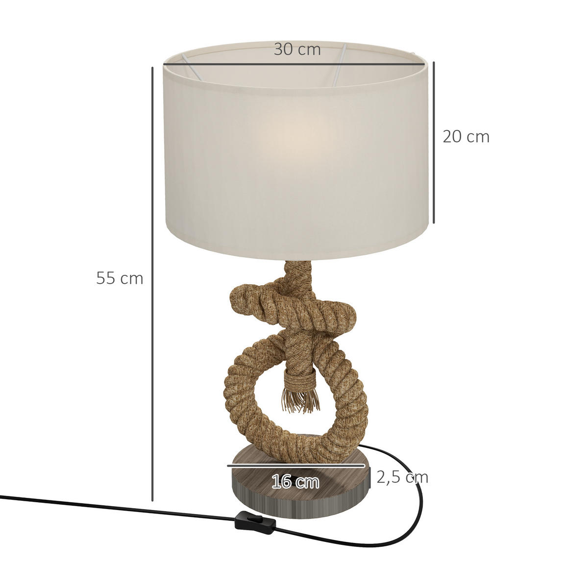 TISCHLAMPE Lampensockel E27 - Creme/Braun, Textil (30/30/55cm) - HOMCOM