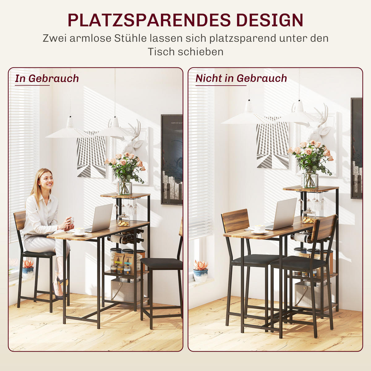 BARTISCH mit Barhocker Set, 3-tlg. 2 Barstühlen, Stahlrahmen Braun - Braun, Metall (140/116/40cm) - HOMCOM