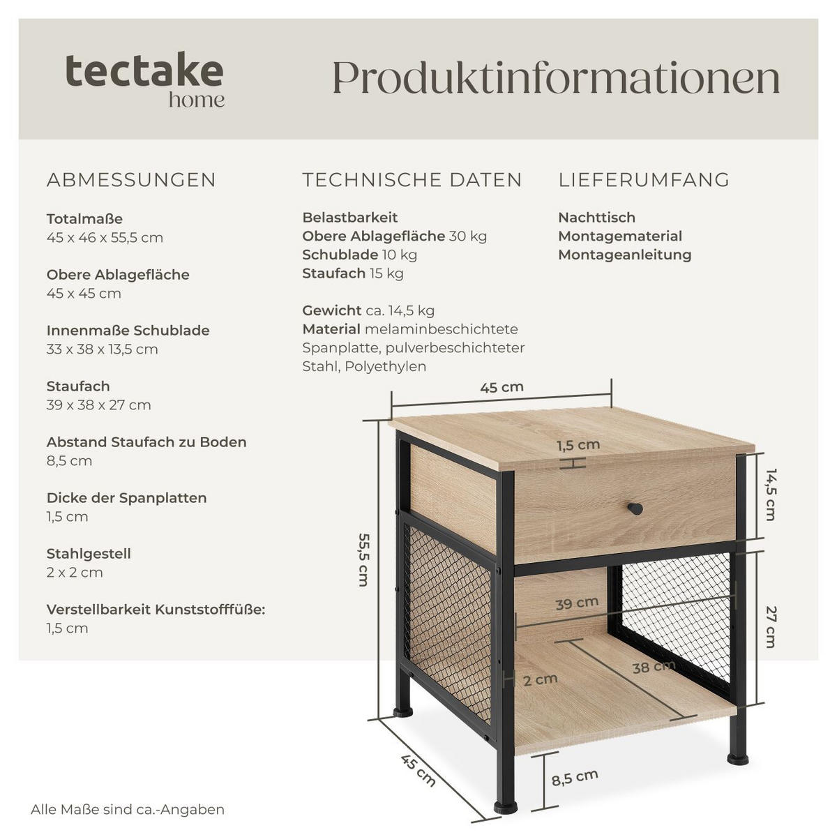 NACHTSCHRANK Killarney, 45 x 46 x 55,5 cm, Industrial Holz hell, Eiche Sonoma - Naturfarben, Holzwerkstoff (45/55.5/46cm) - tectake