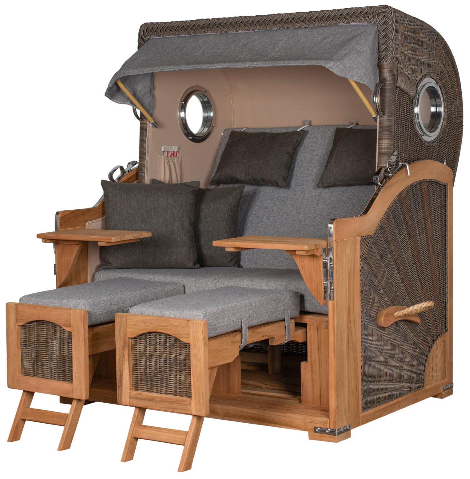 STRANDKORB Komplettset: Ammersee Grande XL Teak Bullauge - PE grau - Modell 570 - Anthrazit/Grau, Holz/Kunststoff (142/165/95cm) - bene living