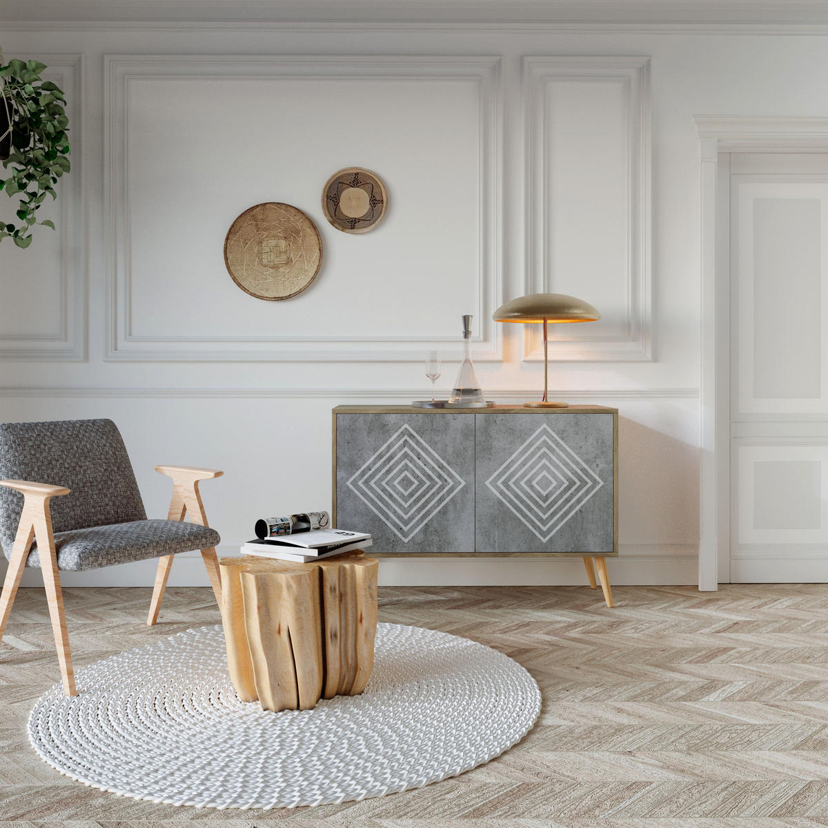 SIDEBOARD POLYGONAL ARTISTRY, Eicheneffekt, 111x42x77,5 cm, 2 Türen - Eichefarben/Buchefarben, Holzwerkstoff/Buchenholz (111/77.5/42cm) - SpaceRebels