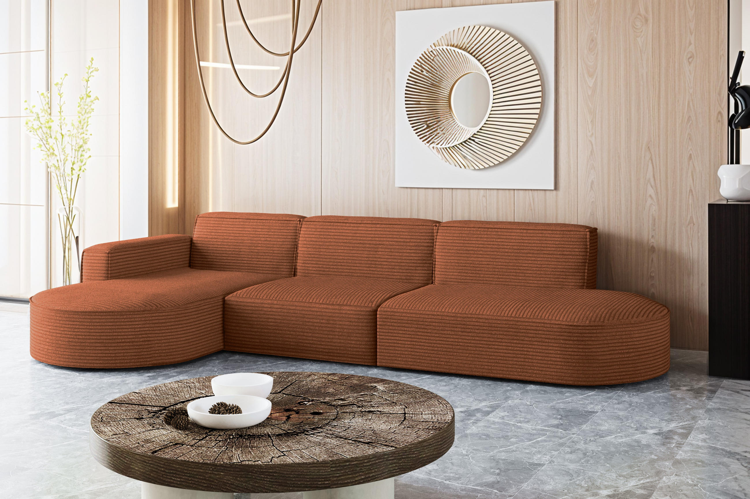 ECKSOFA Designer, Sofa L form MODENA 302 cm stoff Poso Ziegel Links - Orange, Holz (302/296cm) - Kaiser Möbel