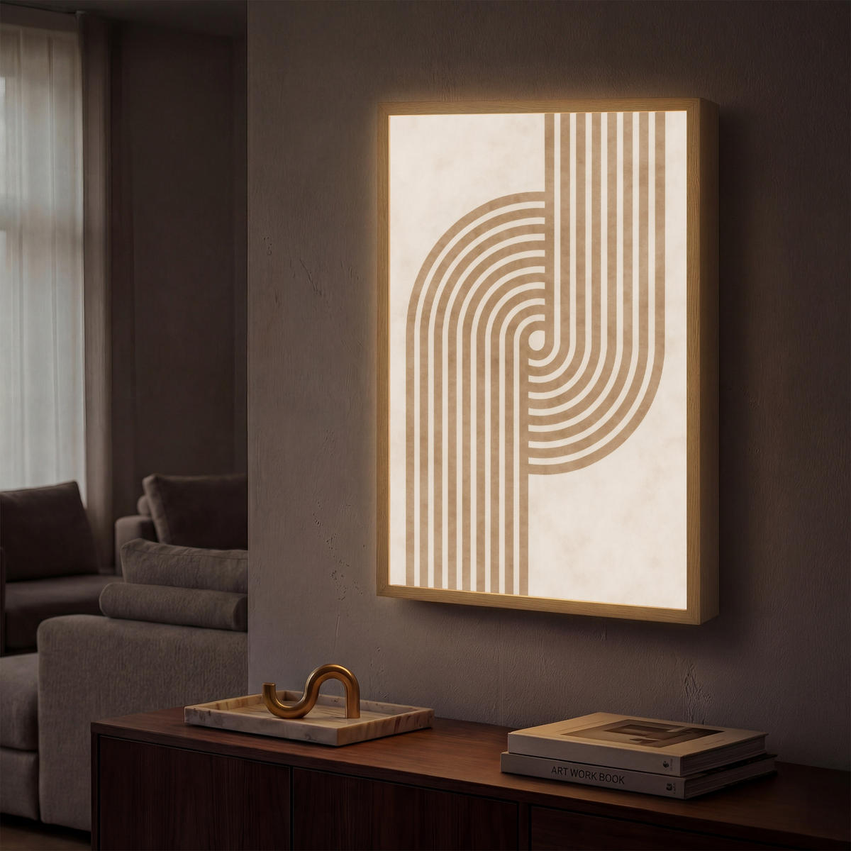 NÁSTĚNNÁ LAMPA S AKUMULÁTOREM Symetrický ohyb - měděná barva 40x60 cm - béžová, kompozitní dřevo (40/60/8cm) - OnlyWow