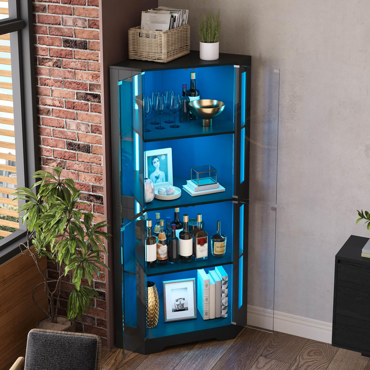 GESCHIRRSCHRANK 165 cm MDF Schwarz mit RGB-LED und Glastüren - Schwarz, Holzwerkstoff (40/165/40cm) - Korfee