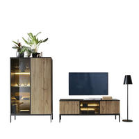 WOHNWAND Laval 1, 2-er Set, Front gefräst in 18 mm MDF Wotan Eiche, Korpus Schwarz - Schwarz, Glas/Holzwerkstoff (257/126/39cm) - Komodee