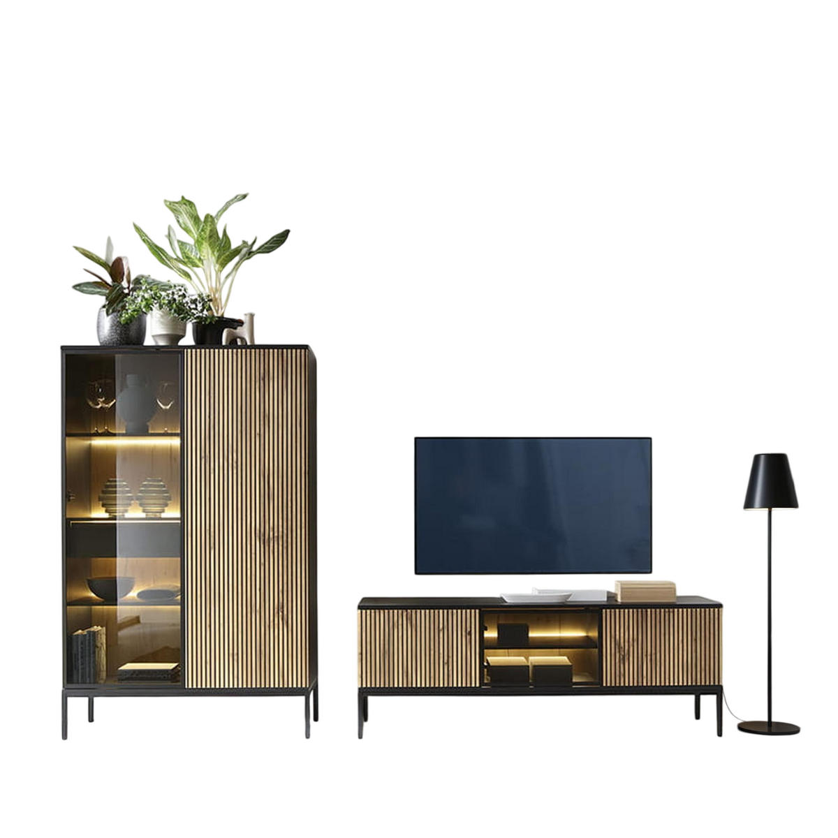 WOHNWAND Laval 1, 2-er Set, Front gefräst in 18 mm MDF Wotan Eiche, Korpus Schwarz - Schwarz, Glas/Holzwerkstoff (257/126/39cm) - Komodee