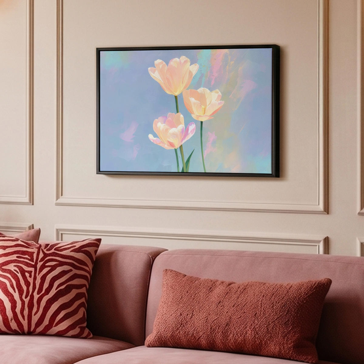 LEINWAND Bilder mit Rahmen - Tulpen - Rosa Akzente - Blau - 60x40 - Pastellblau, Textil (60/40cm) - MuchoWow