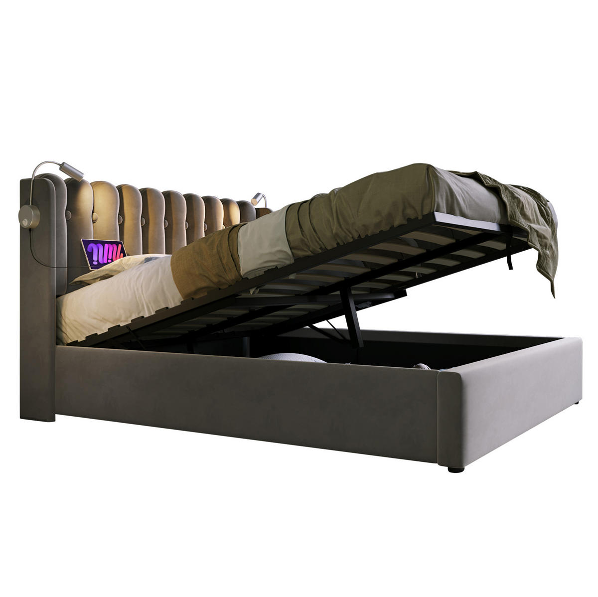 ČALOUNĚNÁ postel 145/206/103 cm samet šedá s čtecím světlem a USB - šedá, textil (140/200cm) - BEAOK