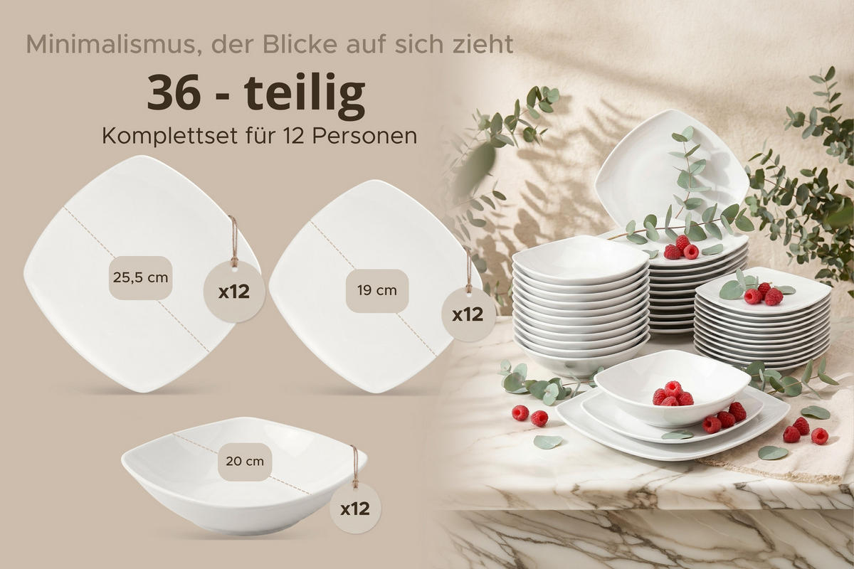 TAFELSERVICE CARLINA 12-Personen 36-tlg - Weiß, Keramik (25.5/2/25.5cm) - KONSIMO®