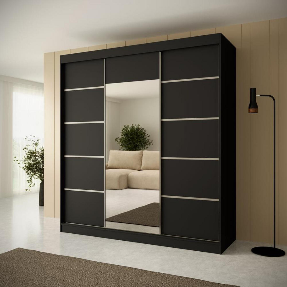SCHWEBETÜRENSCHRANK Monica 200/215/61 3-türig schwarz+silber mit Spiegel - Silberfarben/Schwarz, Holzwerkstoff (200/215/61cm) - Beautysofa
