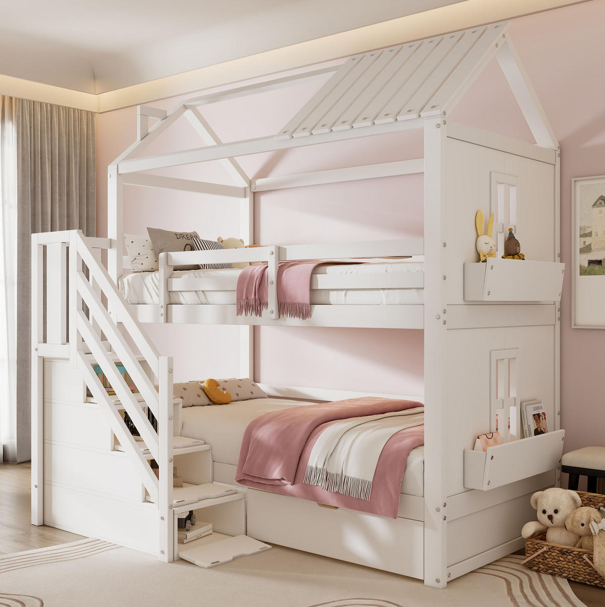 KINDER-ETAGENBETT aus Kiefernholz und MDF 90x200 cm Weiß mit Stauraumtreppe und Schubladen - Weiß, Holzwerkstoff (90/200cm) - IVMEU