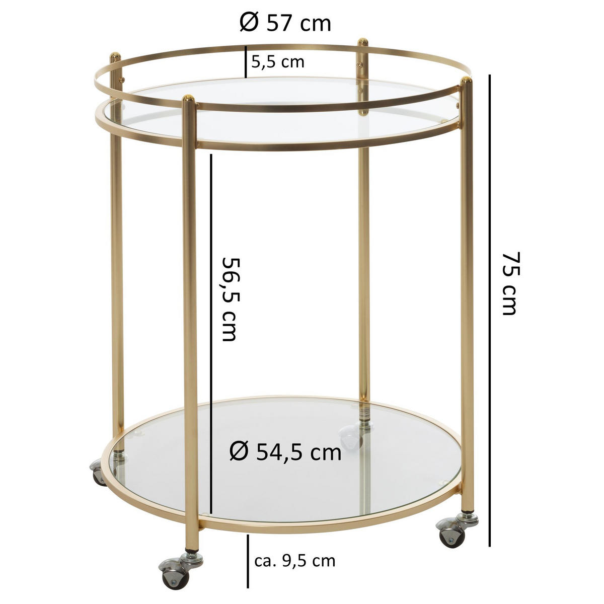 SERVIERWAGEN – Gold, Sicherheitsglas, auf Rollen - Goldfarben, Glas/Metall (57/75/57cm) - KADIMA DESIGN