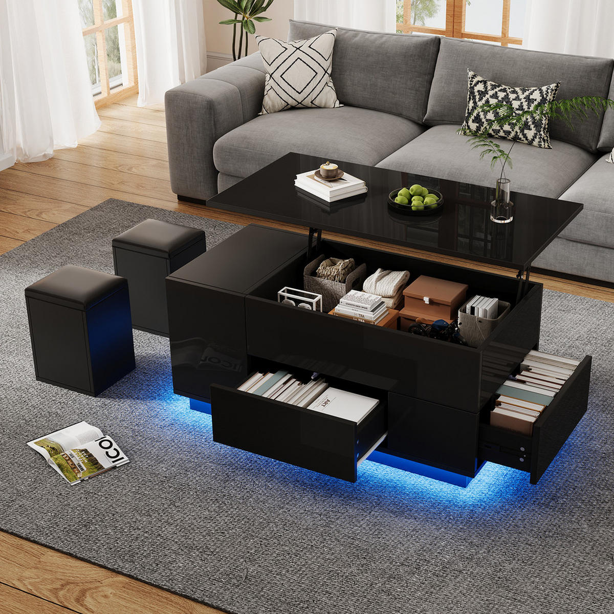 COUCHTISCH 100x50cm Schwarz Höhenverstellbar LED 4in1 2 Schubladen 50kg - Schwarz, Holz (62.76/50.8/20.32cm) - FLIEKS