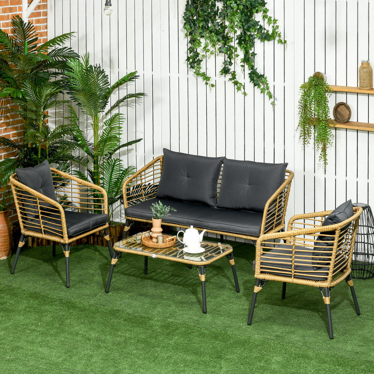 GARTENMÖBEL Set, PE, Sand+Dunkelgrau - Sandfarben/Dunkelgrau, Kunststoff - Outsunny