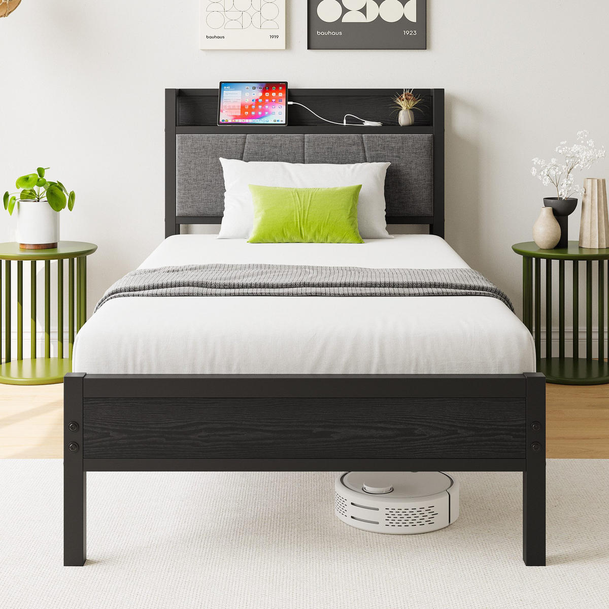 METALLBETT 90/200 cm mit Gepolstertes Kopfteil und USB, ohne Matratze - Schwarz, Holzwerkstoff/Textil (90/200cm) - WISHDOR