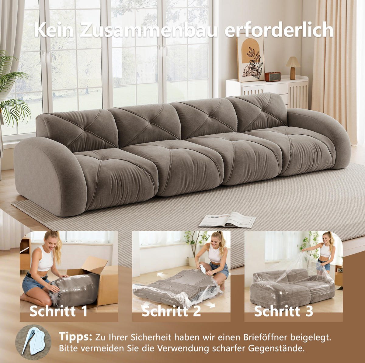 MODULSOFA 4-Sitzer aus Chenille mit rahmenlosem Design Taupe - Taupe, Textil (95/76/358cm) - Modenvie