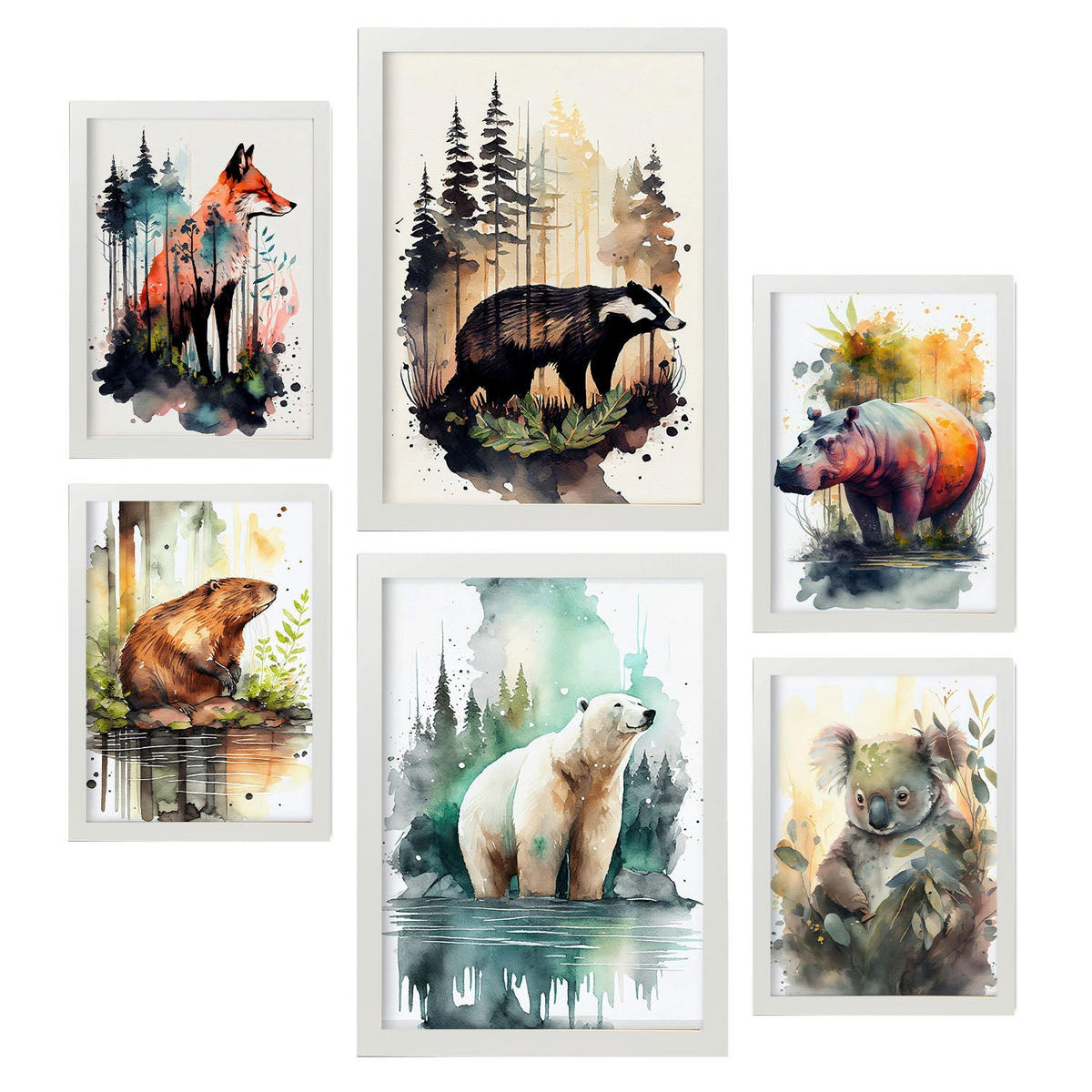 POSTER Set Mit 6 Unabhängige Kreaturen Illustrationen Von Tieren In Naturlandschaften, Realistischer Aquarellstil A3 & A4 Weißer Rahmen - Weiß, Papier (29/3cm) - Nacnic