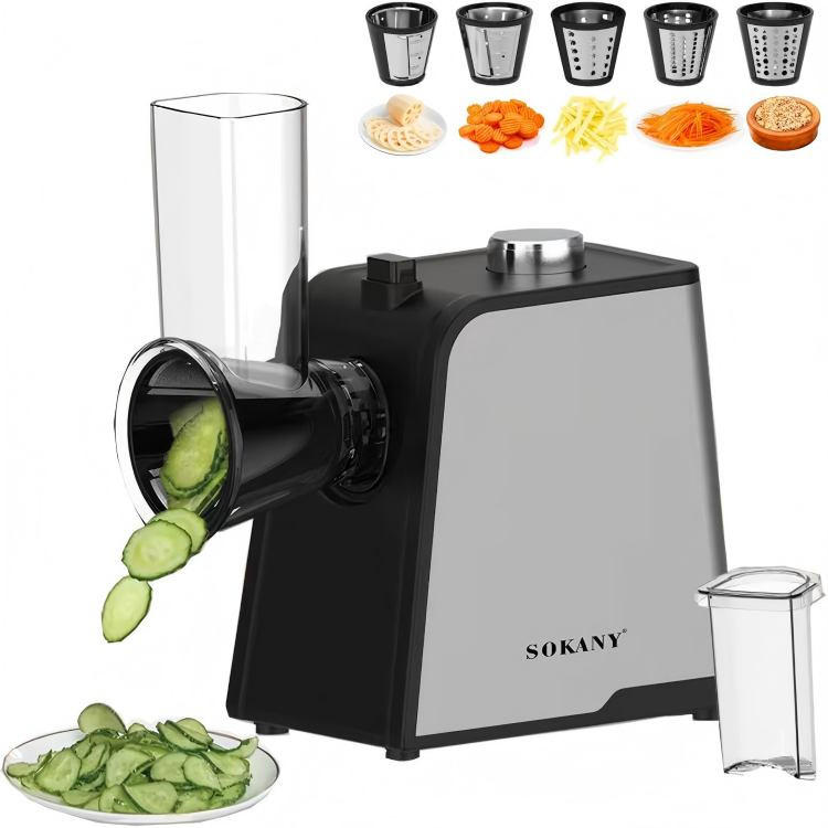 MIXER SOK-011 Silber Edelstahl, Gemüseschneider 1000W, 6 Einsätze - Silbereichenfarben, Metall (26/18/35cm) - SOKANY