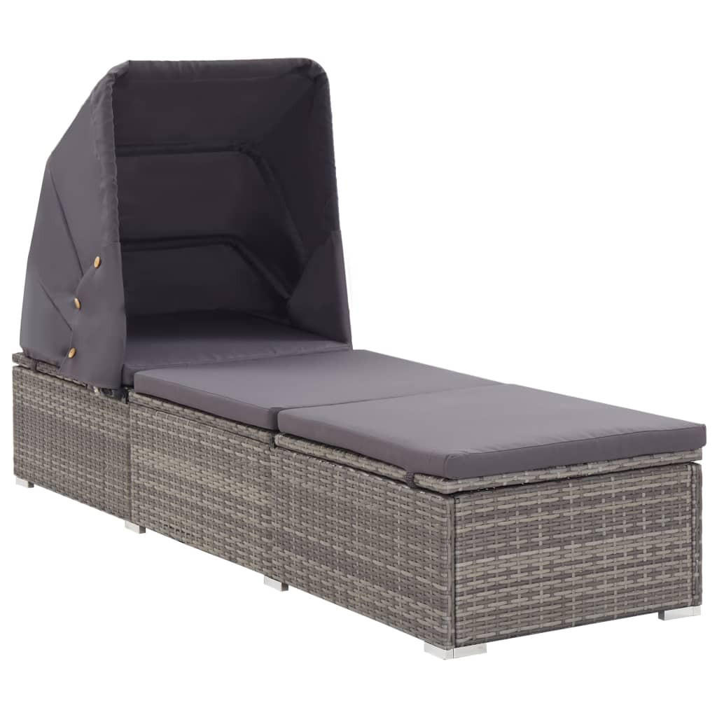 SONNENLIEGE mit Sonnenschutz und Auflagen Poly Rattan Grau - Grau, Kunststoff (60/110/195cm) - furnicato