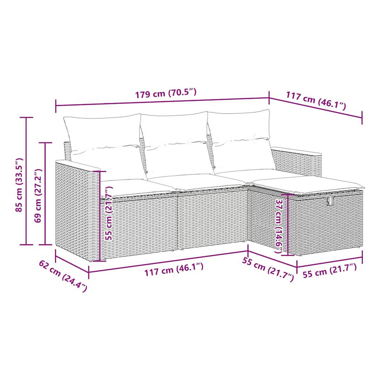 GARTEN-SOFAGARNITUR 4-TLG. Mit Kissen Grau Poly Rattan - Grau, Kunststoff - vidaXL
