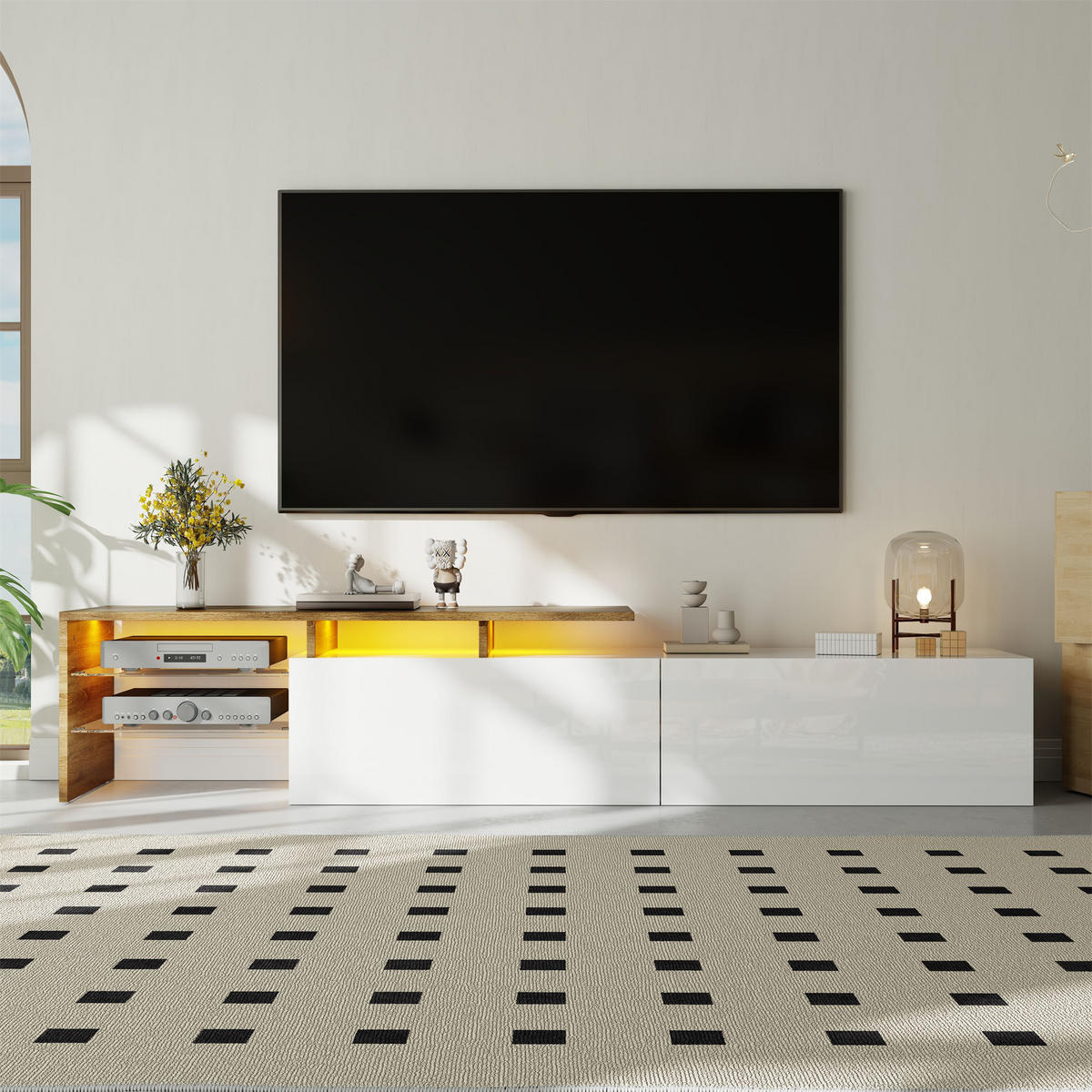 TV-ELEMENT170X33X33,5CM HochglanzWeiß mit LEDBeleuchtung und Glasböden - Naturfarben, Holz (42.19/18.42/143cm) - Raelunyi