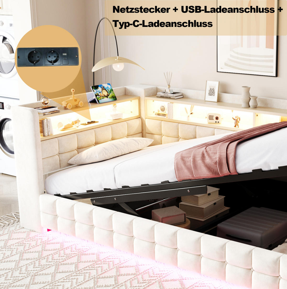 POLSTERBETT aus Samtstoff 90x200 cm Beige mit LED, USB-/Typ-C-Anschluss, Steckdose und hydraulischem Bettkasten - Beige, Textil (90/200cm) - Modfu