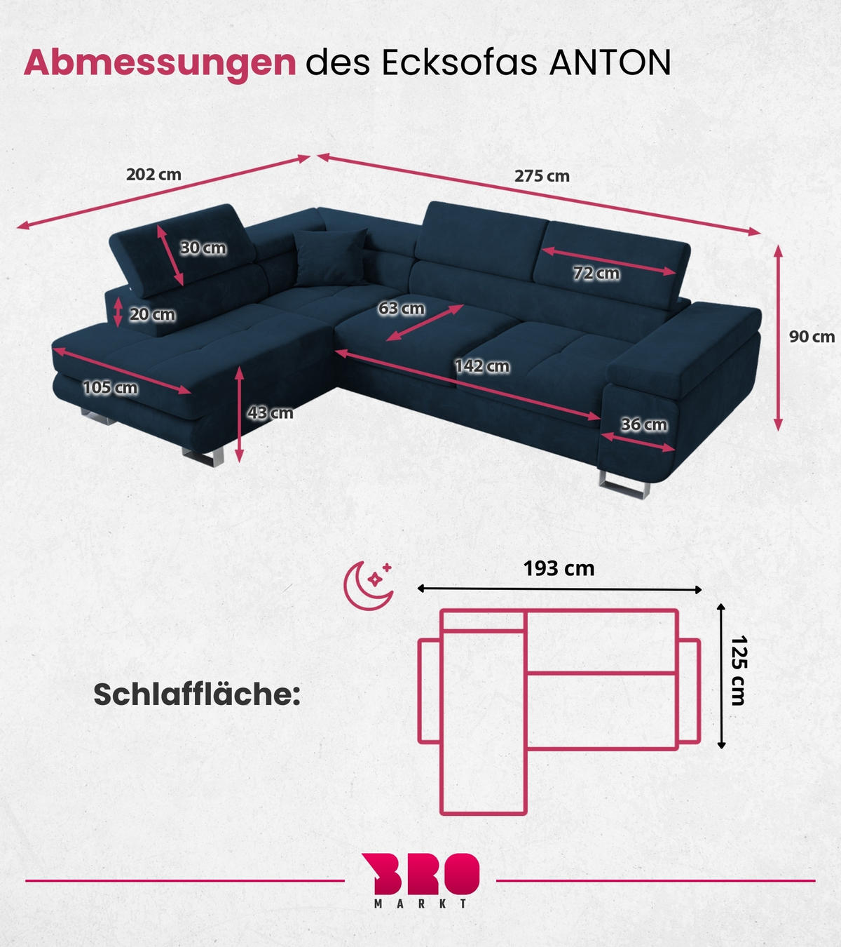 ECKSOFA Anton mit Schlaffunktion Dunkelblau Samt - Blau/Silberfarben, Textil/Metall (142/275cm) - Bromarkt