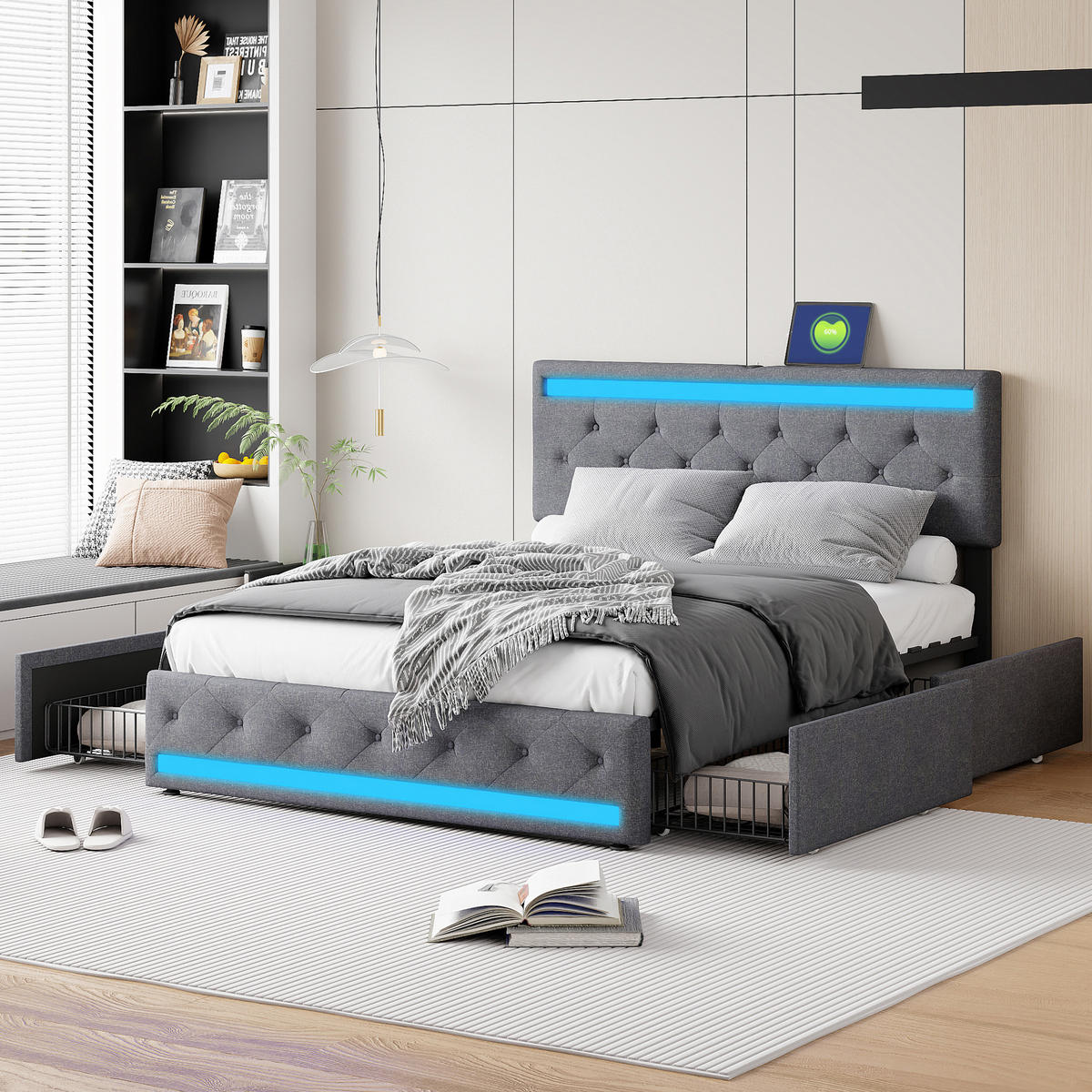 POLSTERBETT 140x200 cm, Grau, LED-Beleuchtung und USB-Steckdose - Grau, Textil/Metall (140/200cm)